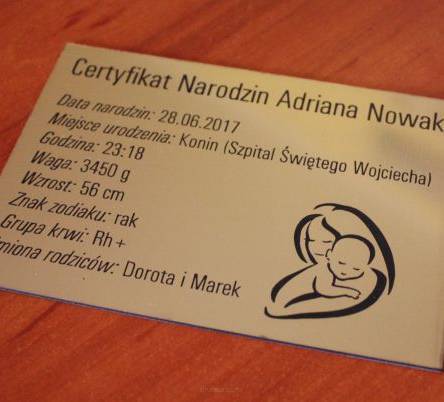 Certyfikat narodzin - Tabliczka z grawerem na chrzest urodziny prezent 