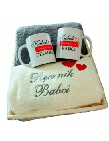 Prezent dla Babci Dziadka – Ręczniki z Haftem + Kubki