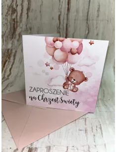 Zaproszenie na Chrzest Chrzciny Różowe z Misiem + Pojekt