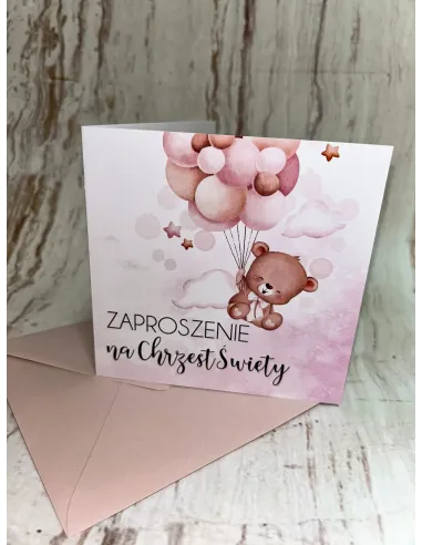 Zaproszenie na Chrzest Chrzciny Różowe z Misiem + Pojekt