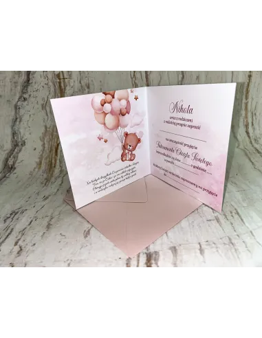 Zaproszenie na Chrzest Chrzciny Różowe z Misiem + Pojekt