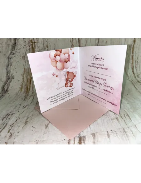 Zaproszenie na Chrzest Chrzciny Różowe z Misiem + Pojekt