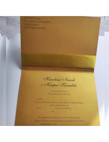 Eleganckie Złote Zaproszenia Ślubne na Wesele z Kokardą