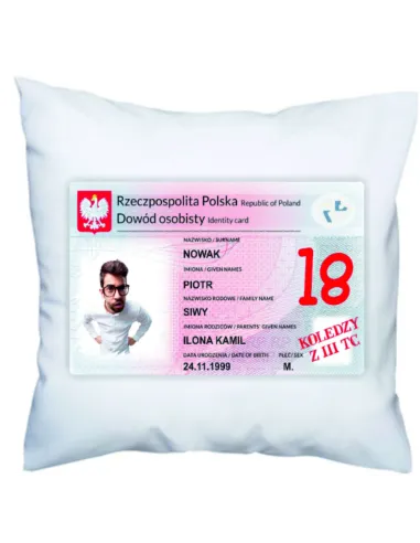 Poduszka na Urodziny 18 – Tkę z Nadrukiem Dowód Osobisty