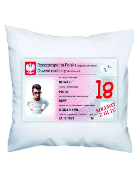 Poduszka na Urodziny 18 – Tkę z Nadrukiem Dowód Osobisty
