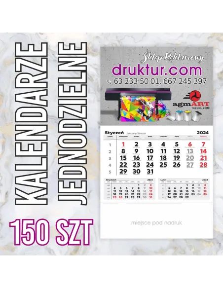 Kalendarze Firmowe Jednodzielne 2024 – 150 szt Reklamowy