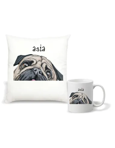 Kubek Zestaw Poduszka Nadruk Prezent Grafiką Mops Twój