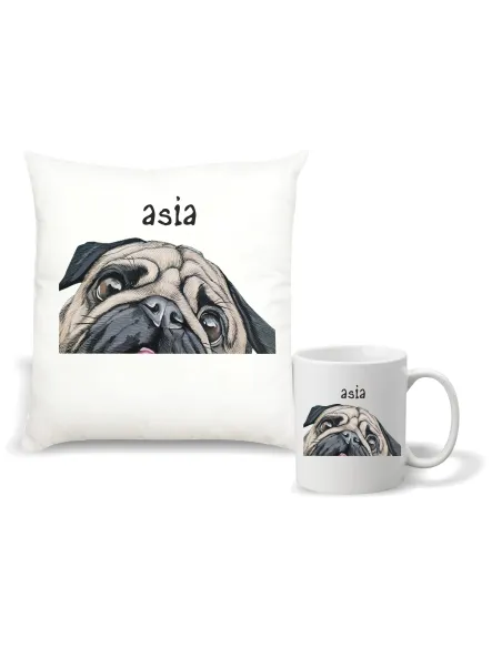 Kubek Zestaw Poduszka Nadruk Prezent Grafiką Mops Twój