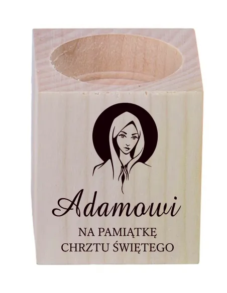 Świecznik Drewniany z Grawerem Pamiątka Chrztu Świętego