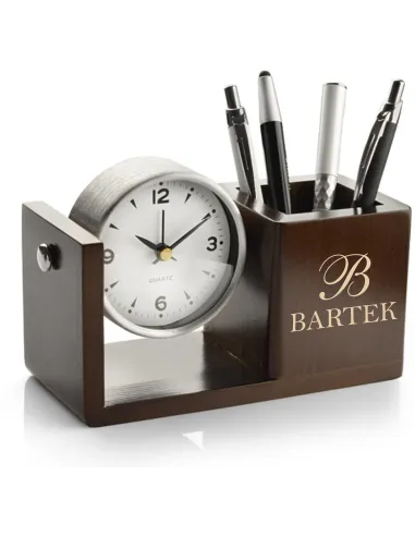 Grawerowany Przybornik na Biurko z Zegarkiem Personalizowany