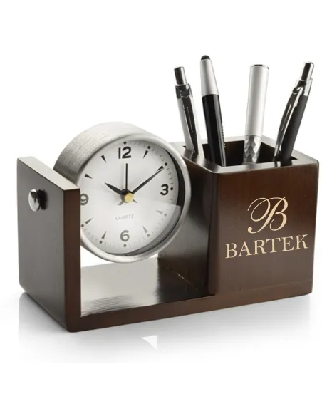 Grawerowany Przybornik na Biurko z Zegarkiem Personalizowany