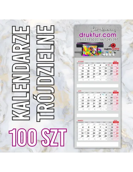 Kalendarze Firmowe Trójdzielne 2024 100 szt z Nadrukiem
