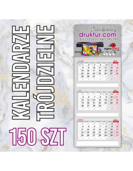 Kalendarze Firmowe Trójdzielne 2024 150 szt z Nadrukiem