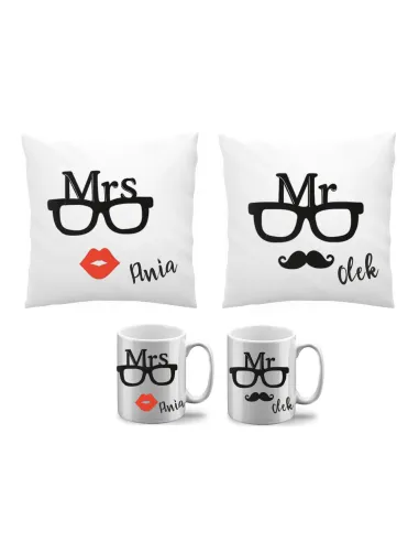 Kubek Poduszka Zestaw 2+2 Mrs Imię Prezent Par Rocznica