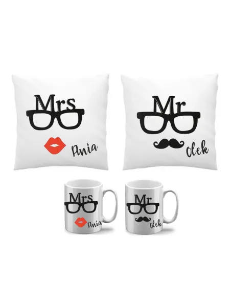Kubek Poduszka Zestaw 2+2 Mrs Imię Prezent Par Rocznica