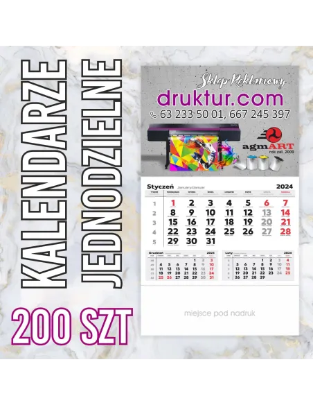 Kalendarze Firmowe Jednodzielne 2024 – 200 szt Reklamowy