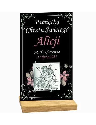Pamiątka Chrztu Świętego Statuetka Czarna Plexi Srebrny