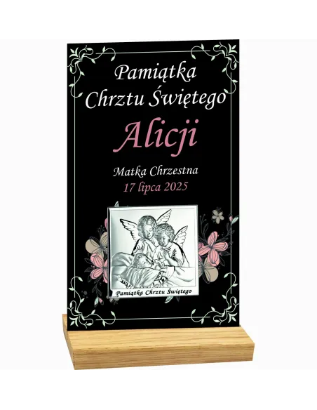 Pamiątka Chrztu Świętego Statuetka Czarna Plexi Srebrny