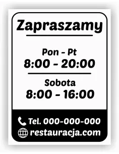 Naklejka 45x55 cm Jednokolorowa Folia Zapraszamy Godziny