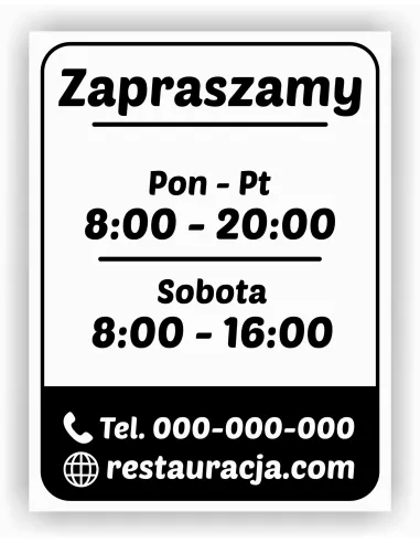 Naklejka 45x55 cm Jednokolorowa Folia Zapraszamy Godziny