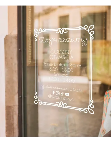 Naklejka 45x55 cm Jednokolorowa Folia Zapraszamy Godziny