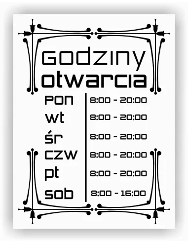 Naklejka 45x39 cm Jednokolorowa Folia Zapraszamy Godziny