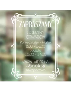 Naklejka 40x35 cm Jednokolorowa Folia Zapraszamy Godziny