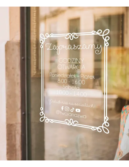 Naklejka 45x39 cm Jednokolorowa Folia Zapraszamy Godziny
