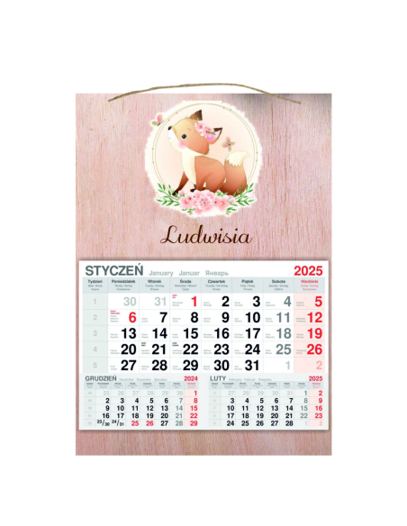 Kalendarz Wiszący 2025 Jednodzielny Drewniany dla Dziecka