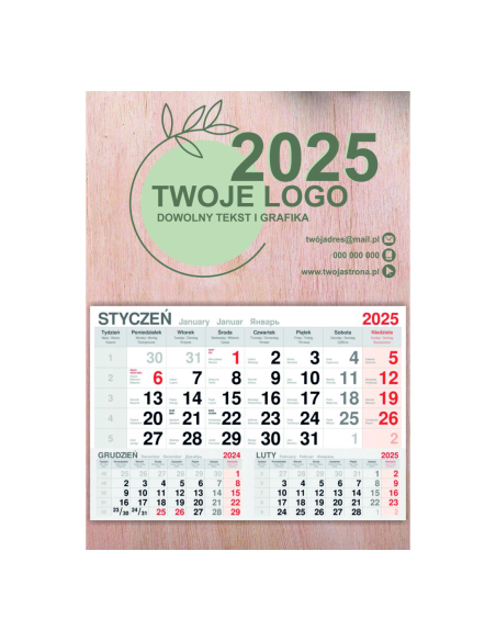 Kalendarz Wiszący 2025 Jednodzielny Drewniany Firmowy