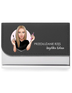 Wizytownik Czarny firmowe Logo Metalowo-skórzany PU na magnes Poręczny