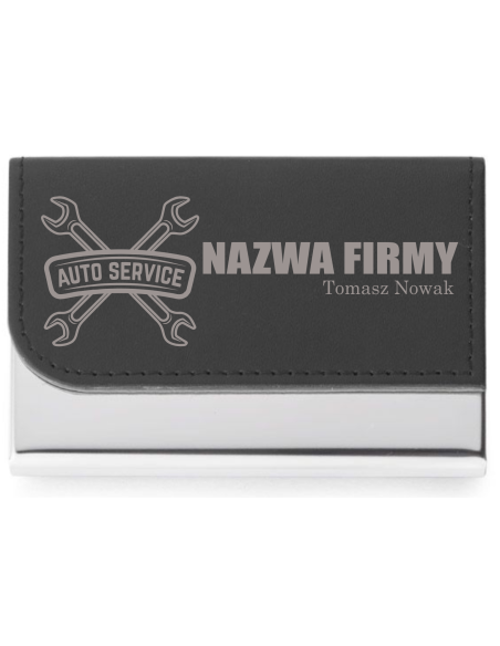 Wizytownik Czarny firmowe Logo Metalowo-skórzany PU na magnes Poręczny