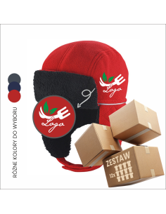 Ciepła czapka z uszami z haftem | Odzież reklamowa | Logo firmy 12szt