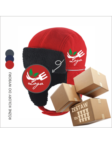 Ciepła czapka z uszami z haftem | Odzież reklamowa | Logo firmy 12szt