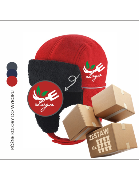 Ciepła czapka z uszami z haftem | Odzież reklamowa | Logo firmy 12szt