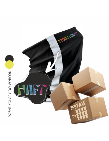 Komin Odzież odblaskowa REKLAMA Twój napis LOGO Haft Chusta 12 sztuk