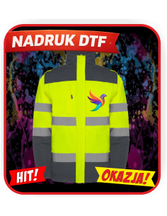 Kurtka odblaskowa odzież reklamowa DTF logo trwały nadruk pełny kolor