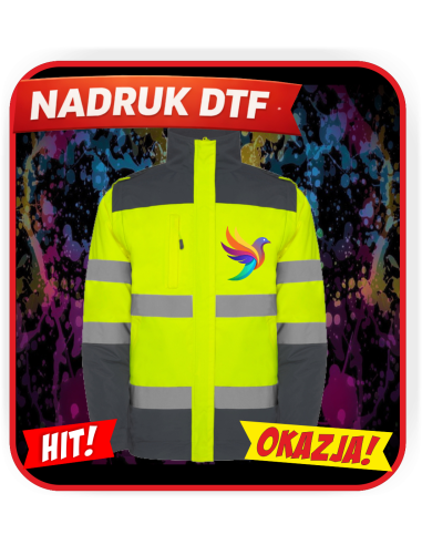 Kurtka odblaskowa odzież reklamowa DTF logo trwały nadruk pełny kolor