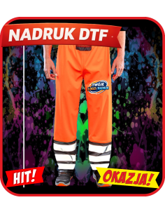 Spodnie robocze odblaskowe odzież reklamowa DTF logo trwały nadruk pełny kolor