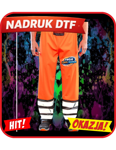 Spodnie robocze odblaskowe odzież reklamowa DTF logo trwały nadruk pełny kolor