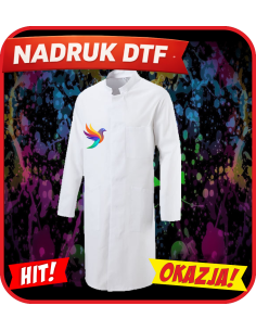 Męski biały fartuch odzież reklamowa DTF logo trwały nadruk pełny kolor