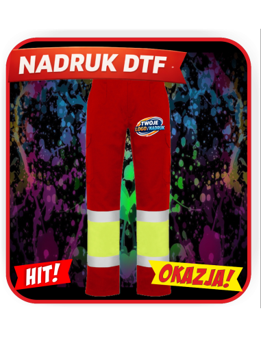 Spodnie odblaskowe odzież reklamowa DTF logo trwały nadruk pełny kolor