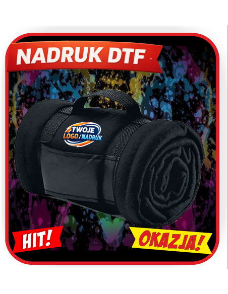 Koc polarowy z uchwytem odzież reklamowa DTF logo trwały nadruk pełny kolor