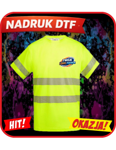 Odblaskowa koszulka odzież reklamowa DTF logo trwały nadruk pełny kolor