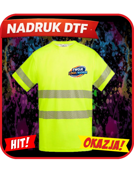 Odblaskowa koszulka odzież reklamowa DTF logo trwały nadruk pełny kolor
