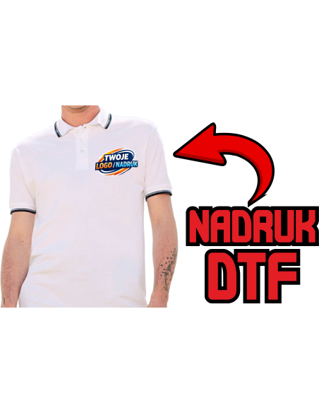 Koszulka Polówka odzież reklamowa DTF logo trwały nadruk pełny kolor
