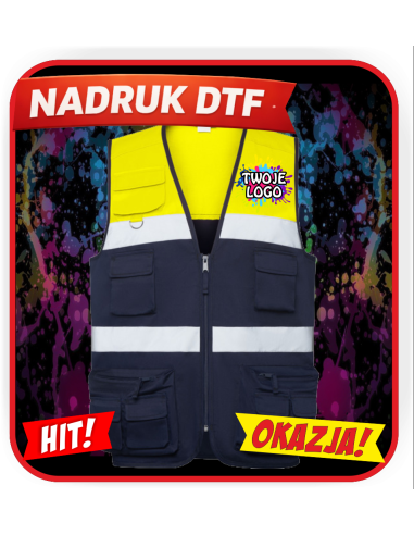 Kamizelka wielokieszeniowa odzież reklamowa DTF logo trwały nadruk pełny kolor