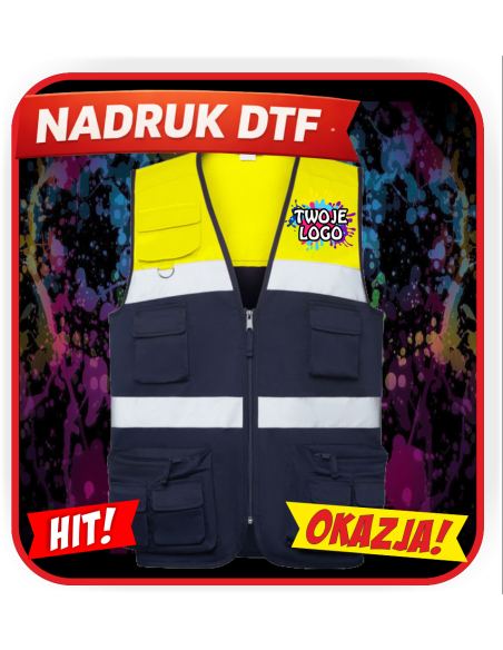 Kamizelka wielokieszeniowa odzież reklamowa DTF logo trwały nadruk pełny kolor