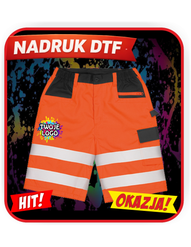 Szorty cargo odblaskowe odzież reklamowa DTF logo trwały nadruk pełny kolor