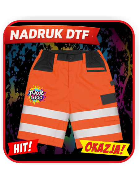 Szorty cargo odblaskowe odzież reklamowa DTF logo trwały nadruk pełny kolor